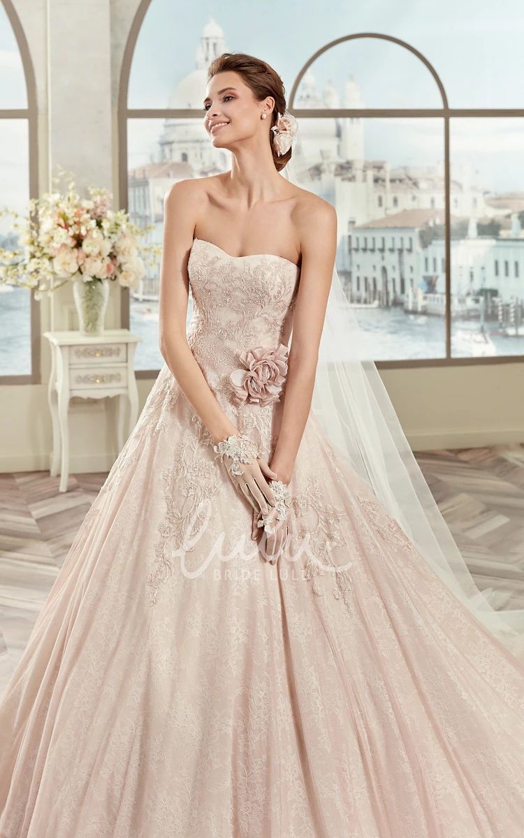 Strapless A-Line Wedding Dress with Floral Waist and Fine Appliques Beautiful Bridal Gown