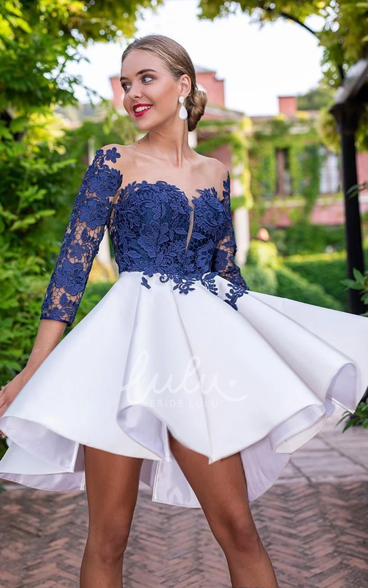 Modern Satin A Line 3/4 Length Sleeve Homecoming Dress with Lace and Flowers