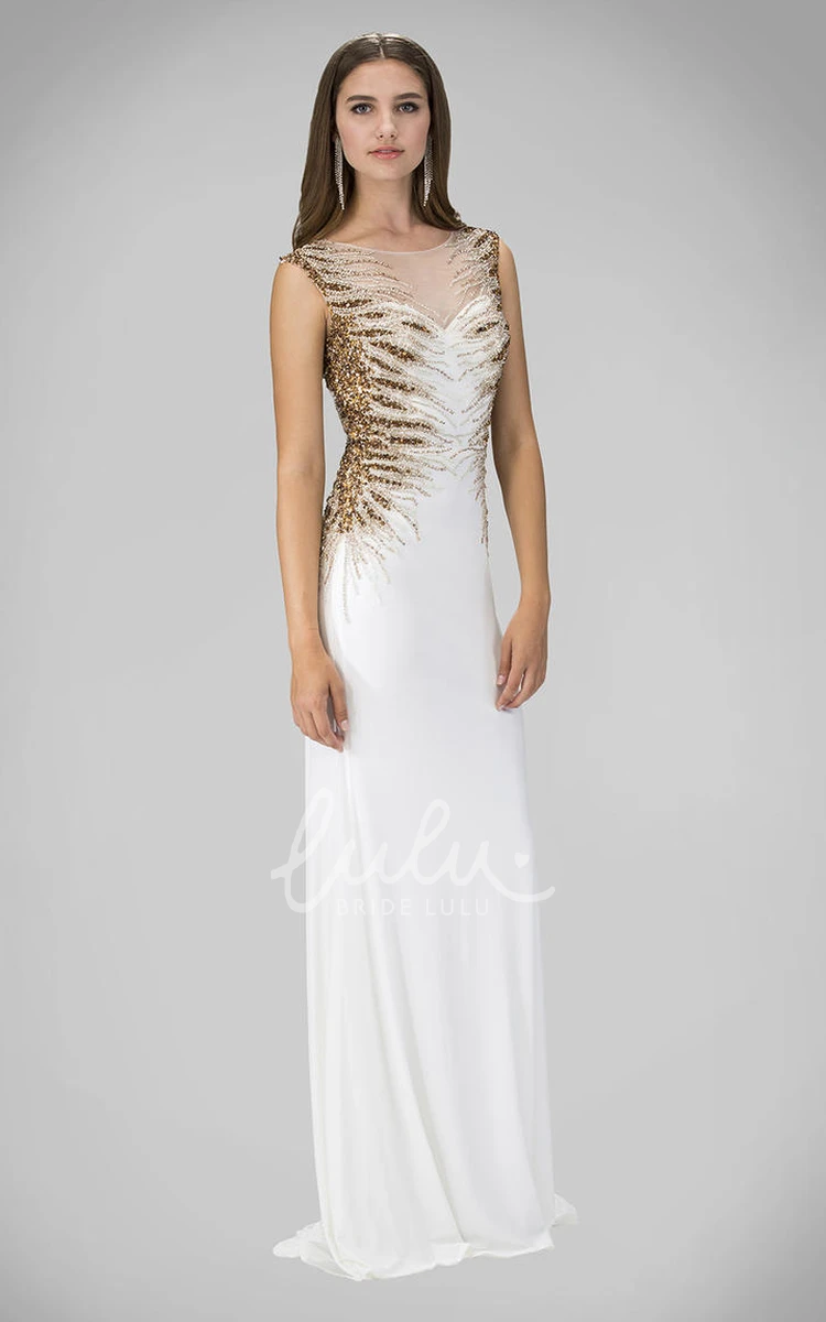 Maxi Keyhole Sheath Jersey Dress with Sequins and Pleats