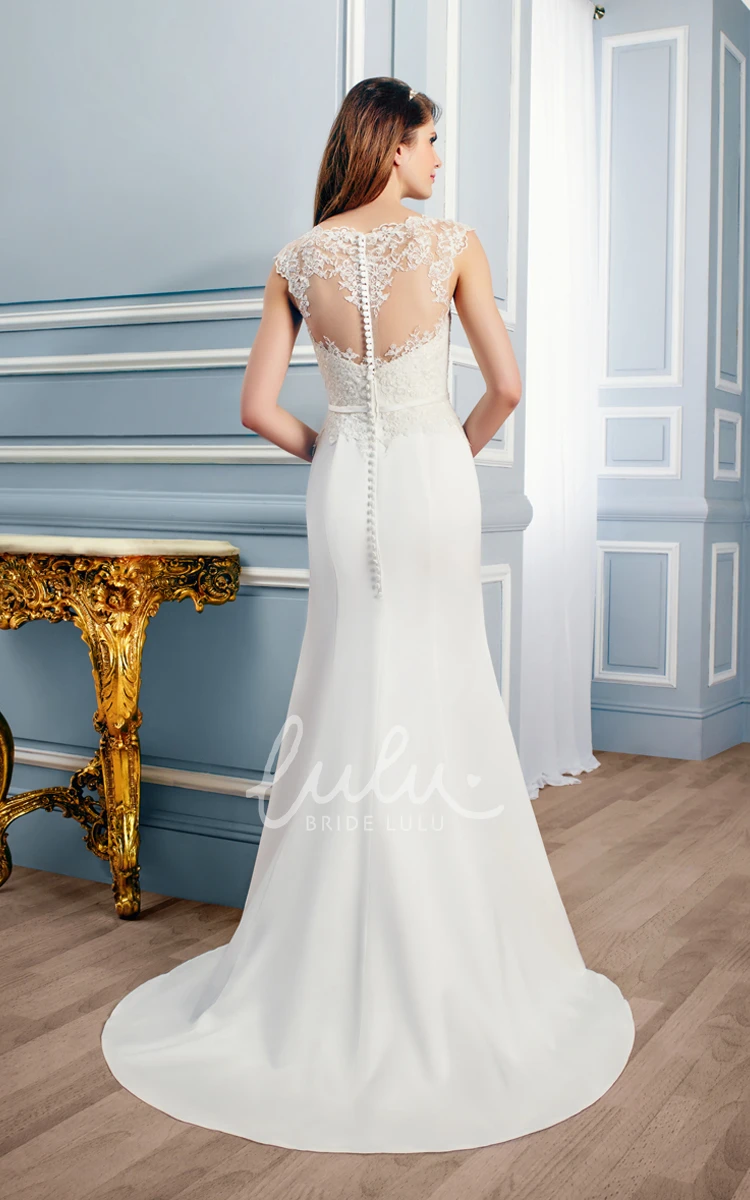 Sheath V-Neck Appliqued Satin Wedding Dress with Illusion Back Floor-Length Bridal Gown