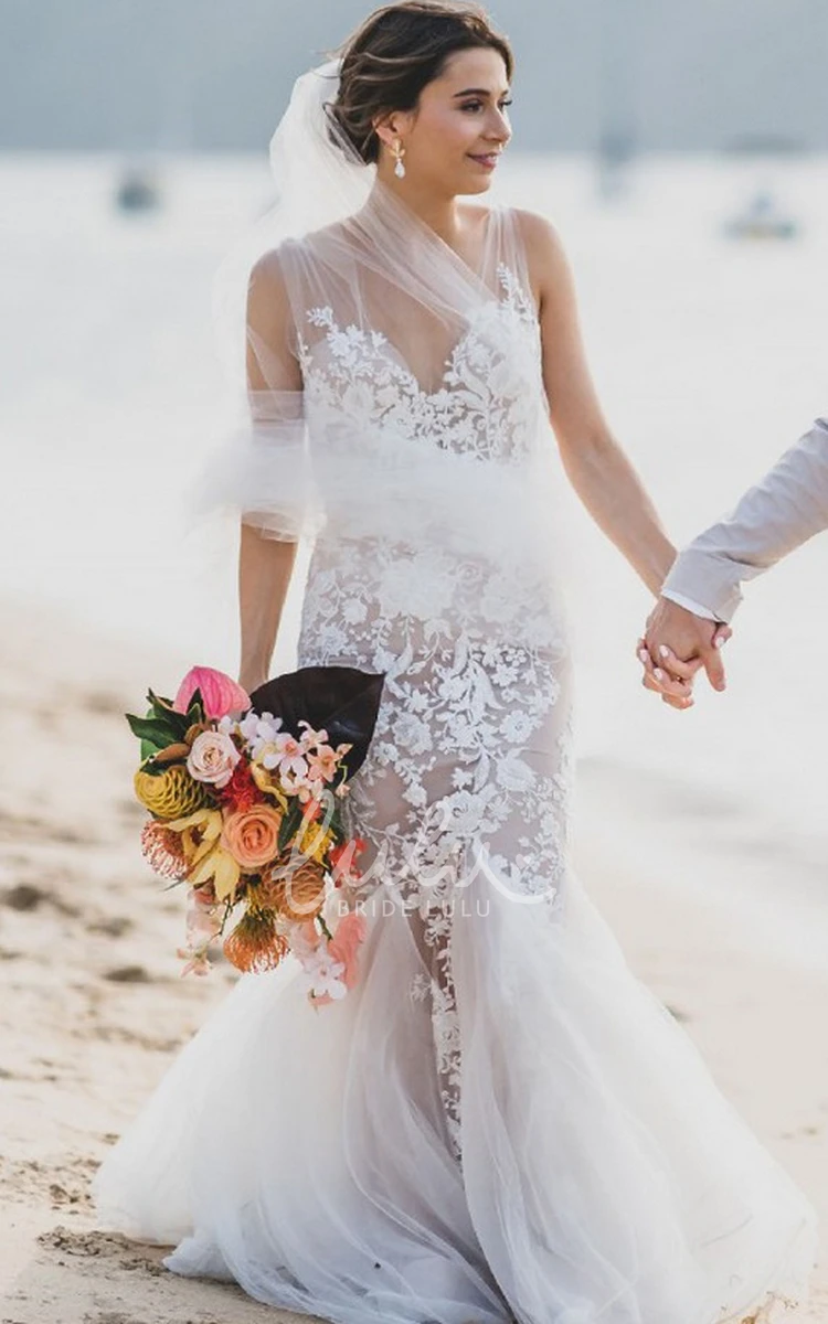 Mermaid Boho Beach Vintage V-neck Ethereal Fairy Wedding Dress with Lace Appliques