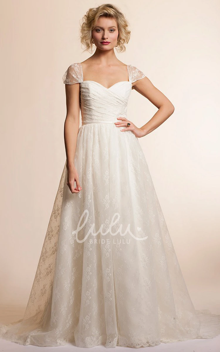 Cap-Sleeve Lace A-Line Wedding Dress with Ruching and Deep-V Back Classic Bridal Gown