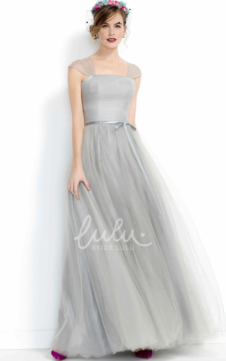 Cap Sleeve A-Line Tulle Bridesmaid Dress with Bow and Pleats