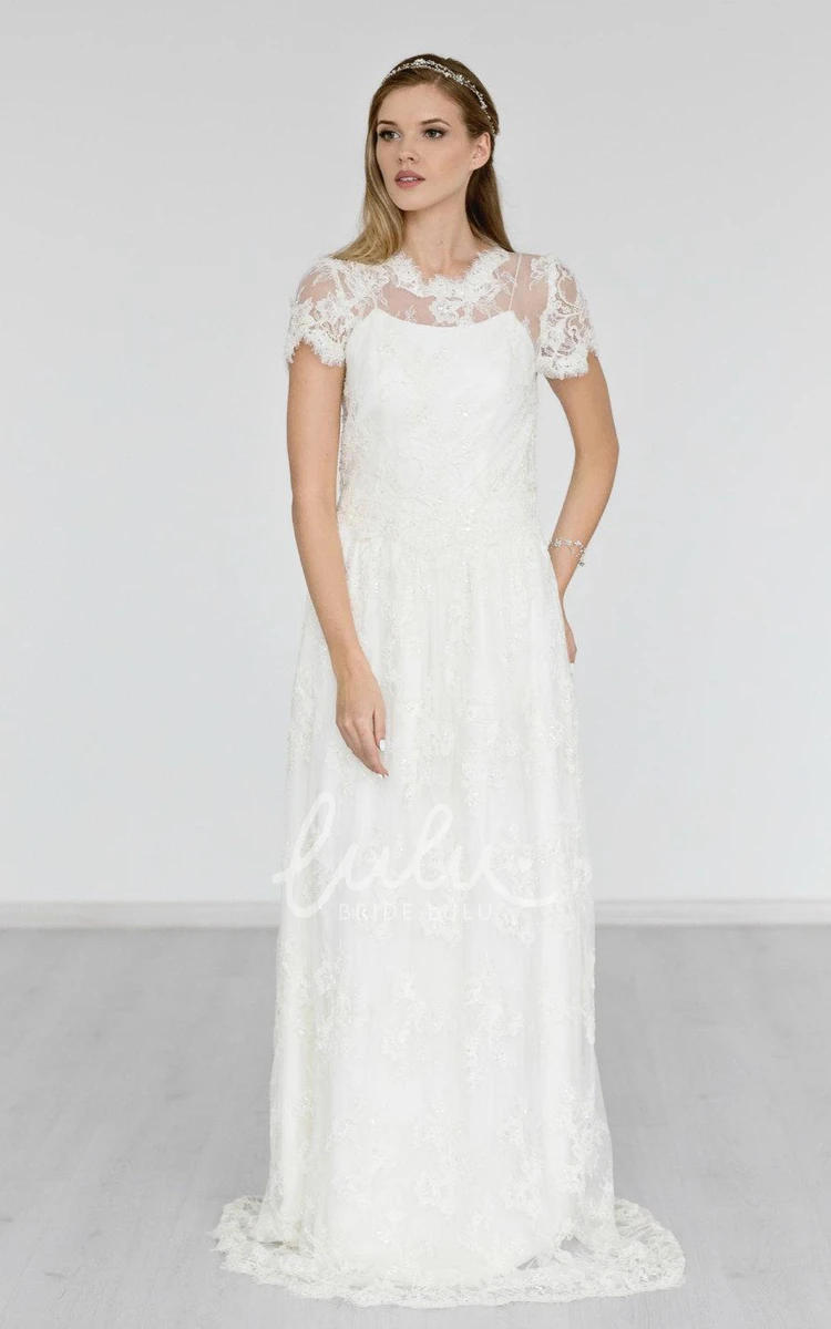 Boho Lace A-Line Wedding Dress with Brush Train High Neck Cap Sleeve