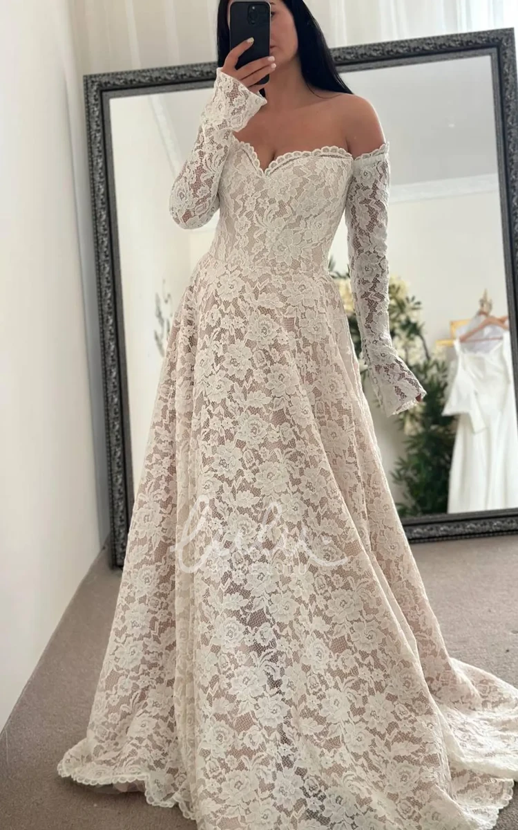 Bohemian Floral Lace Off Shoulder A Line Wedding Dress Classic Long Sleeve Bridal Gown with Sweetheart
