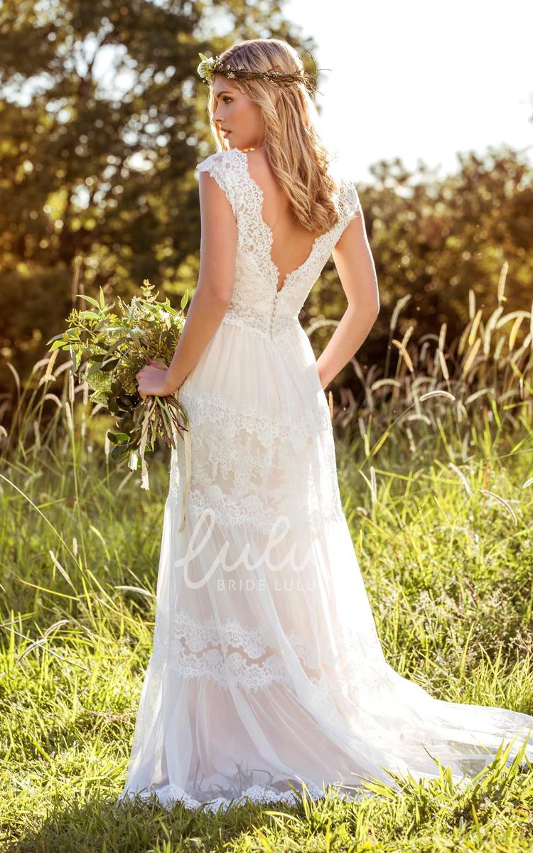Vintage Modest Country Beach Lace and Tulle V-Neck Wedding Dress with Cap Sleeves Simple Empire Waist Long Bridal Gown