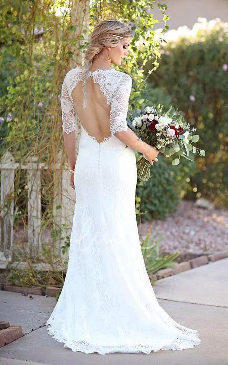 Illusion Sleeve Satin Lace Wedding Dress with Keyhole Modern Satin Lace Wedding Dress