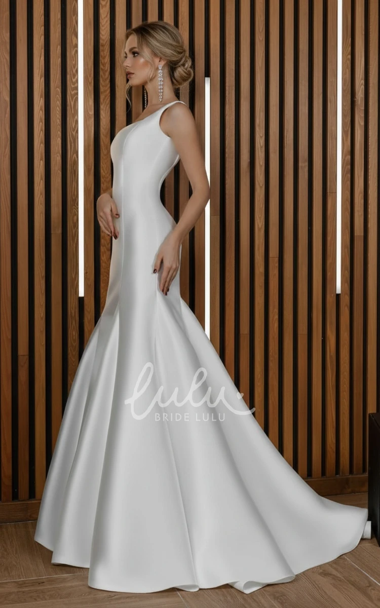 Romantic Simple Mermaid Satin Square Neck Fit and Flare Dress for Wedding Modern Minalist Trumpet Wide Strap Sleeveless Reception Bridal Gown