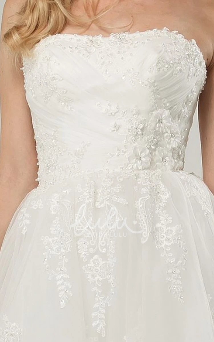 Tea-Length A-Line Tulle Wedding Dress with Appliques and Corset Back Strapless