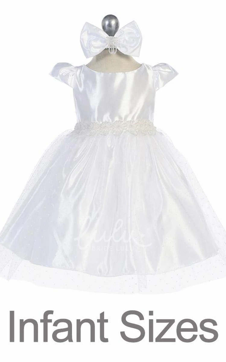 Cap-Sleeve Beaded Tulle&Satin Floral Girl Dress Tea-Length Dress