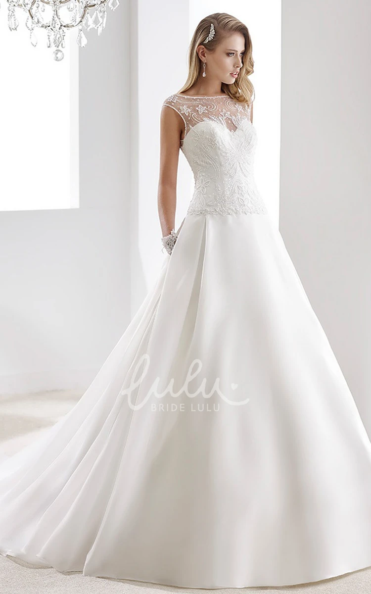 Lace Bodice Illusive Design A-Line Wedding Dress with Cap Sleeves