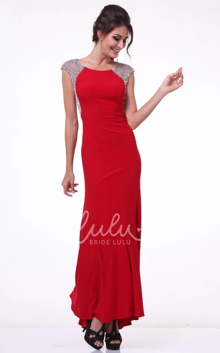 Floor-Length Scoop-Neck Cap-Sleeve Jersey Dress With Beading Sheath