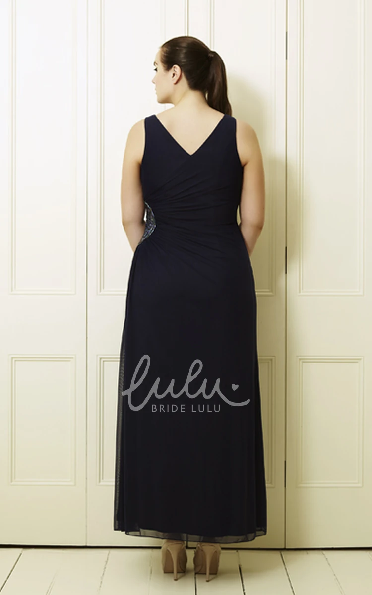 Side-Draped Sleeveless Chiffon Prom Dress with Beading and V-Neck for Plus Size