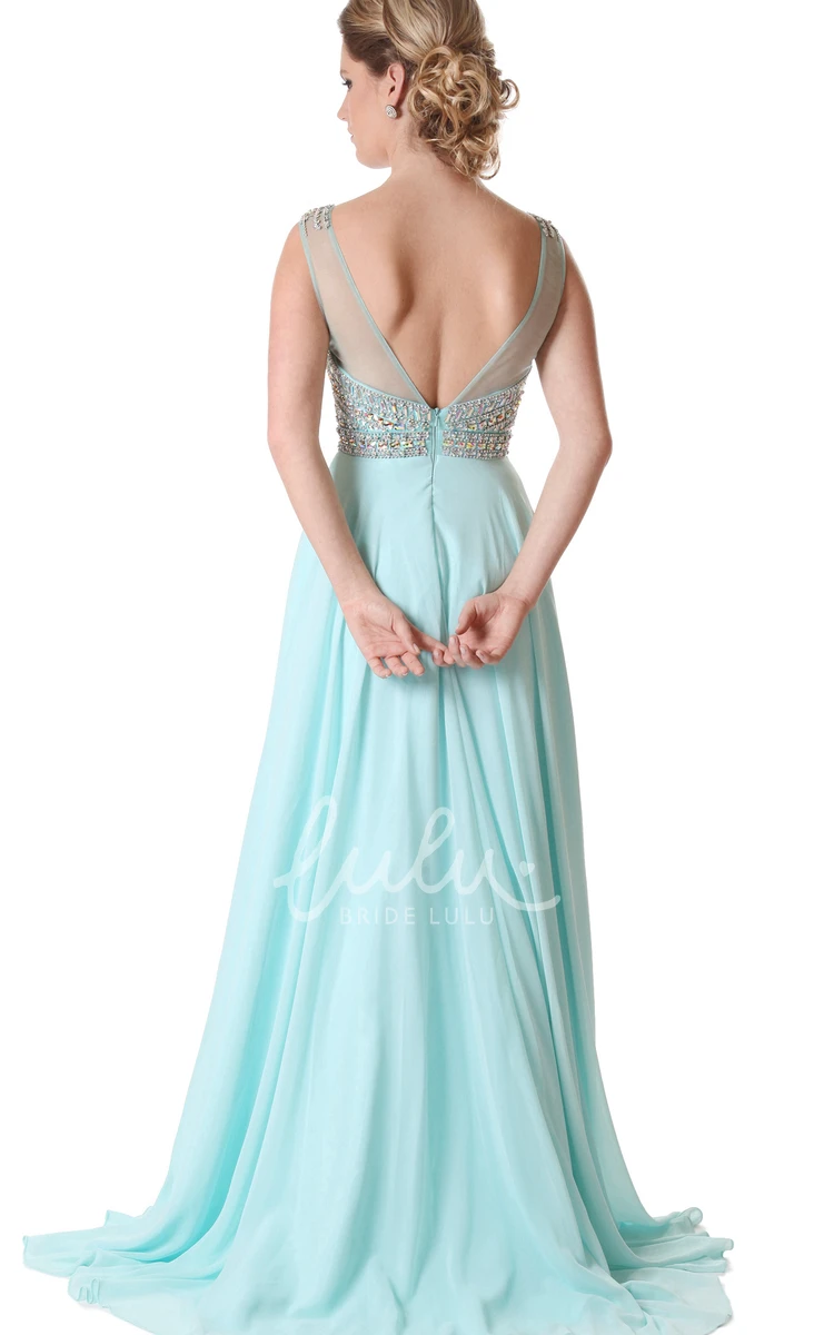 A-Line Beaded Sleeveless Chiffon Evening Dress with Jewel-Neck Floor-Length