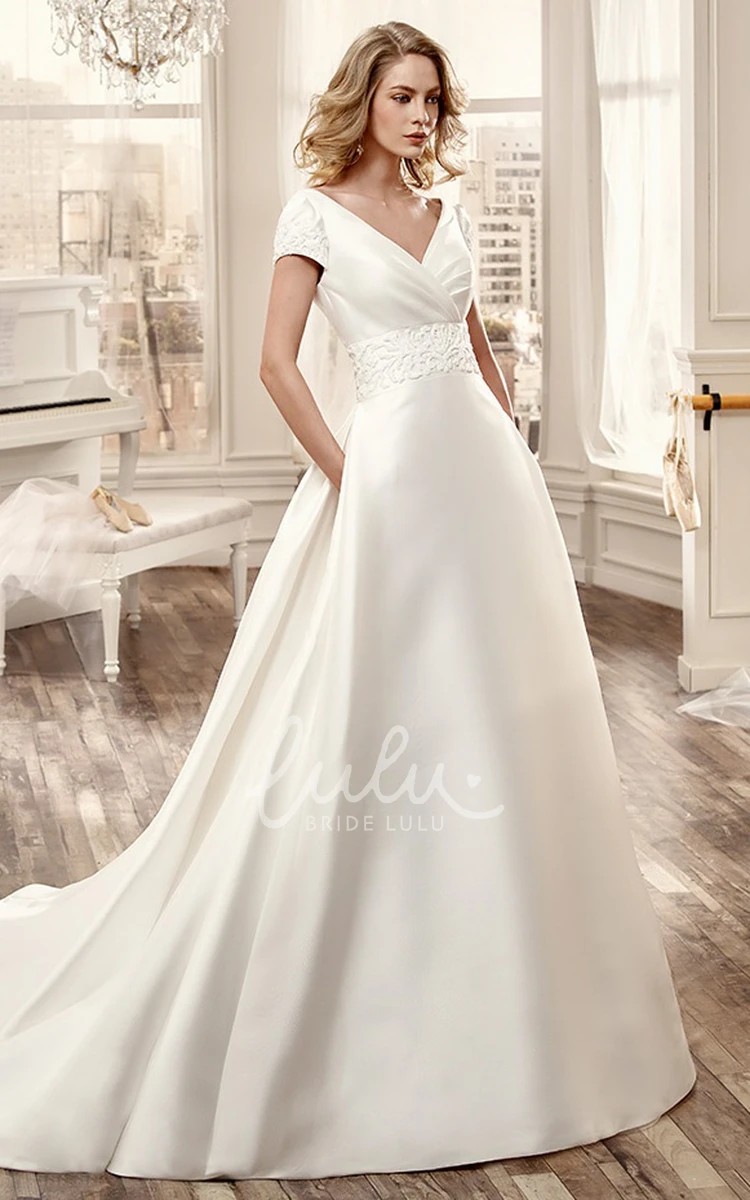 Satin Long Wedding Dress with V-Neck Floral Waistband and Low-V Back