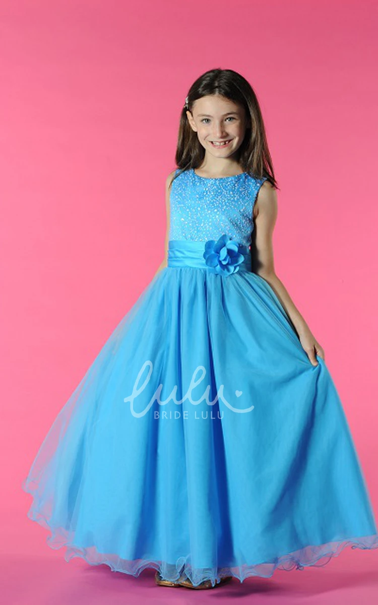 Tulle Flower Girl Dress with Waist Flower A-line Scoop Neck Long