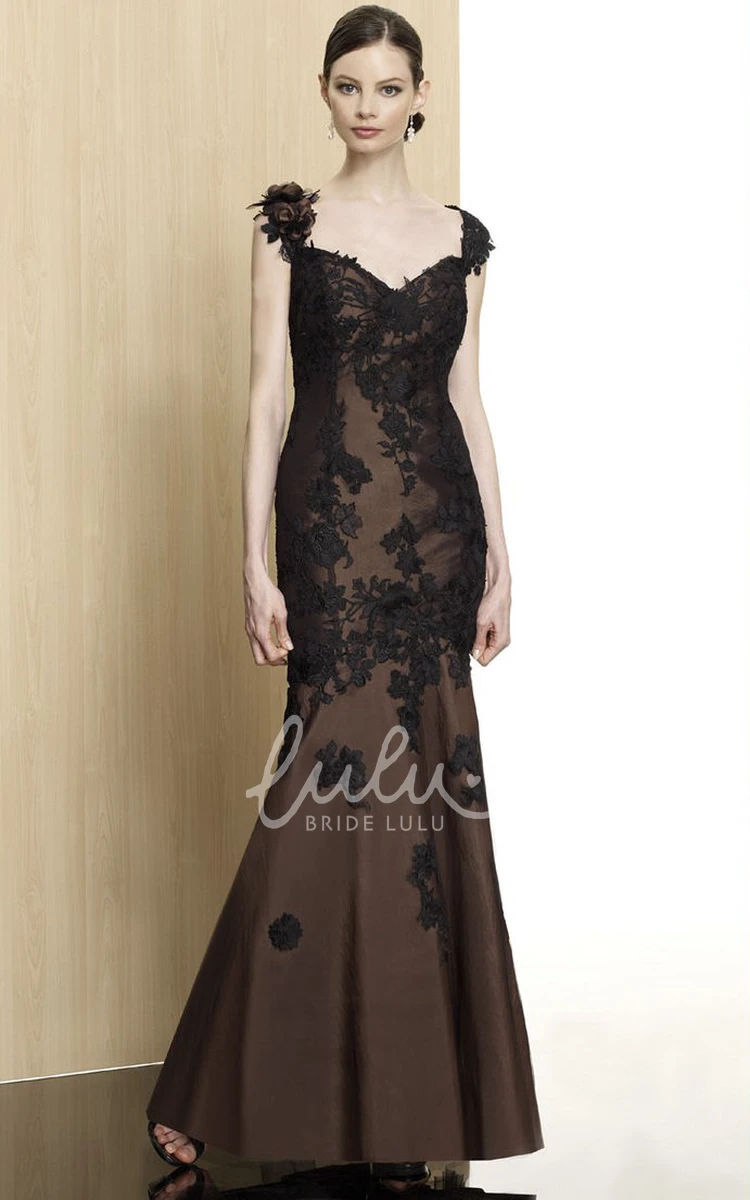 Trumpet Cap-Sleeve Appliqued Formal Prom Dress with Deep-V Back