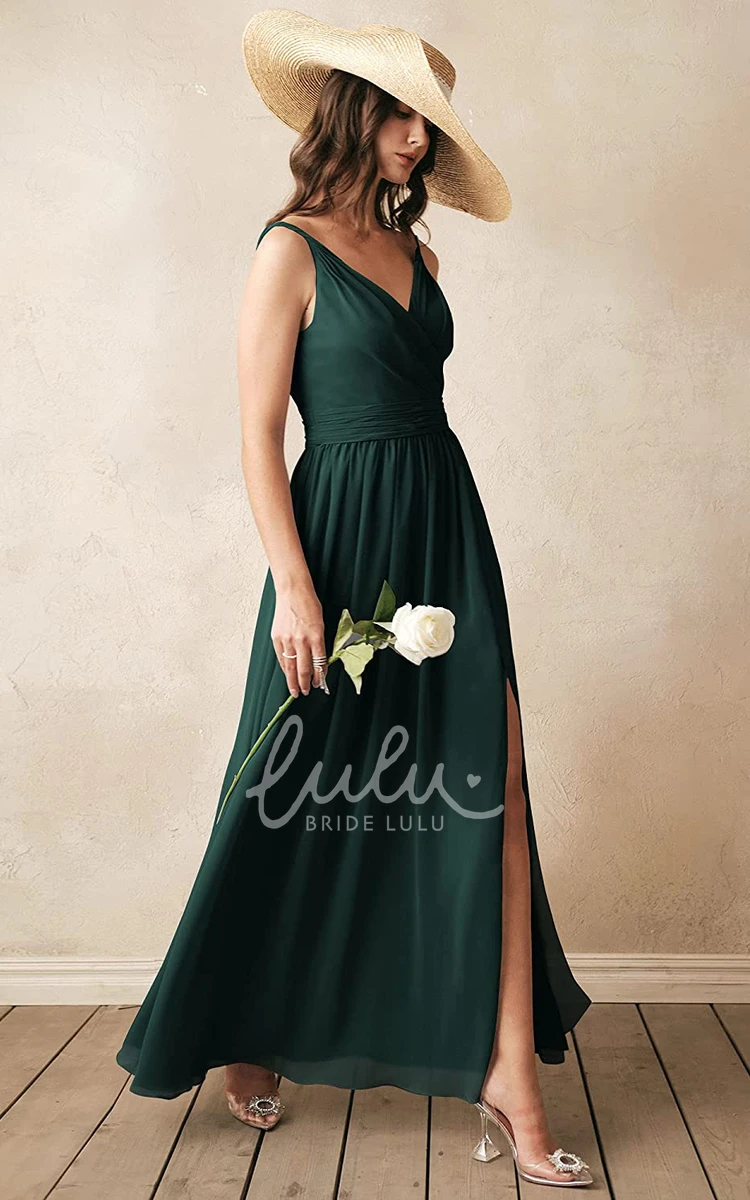 Sleeveless V-neck Chiffon A-line Bridesmaid Dress with Ruching Elegant