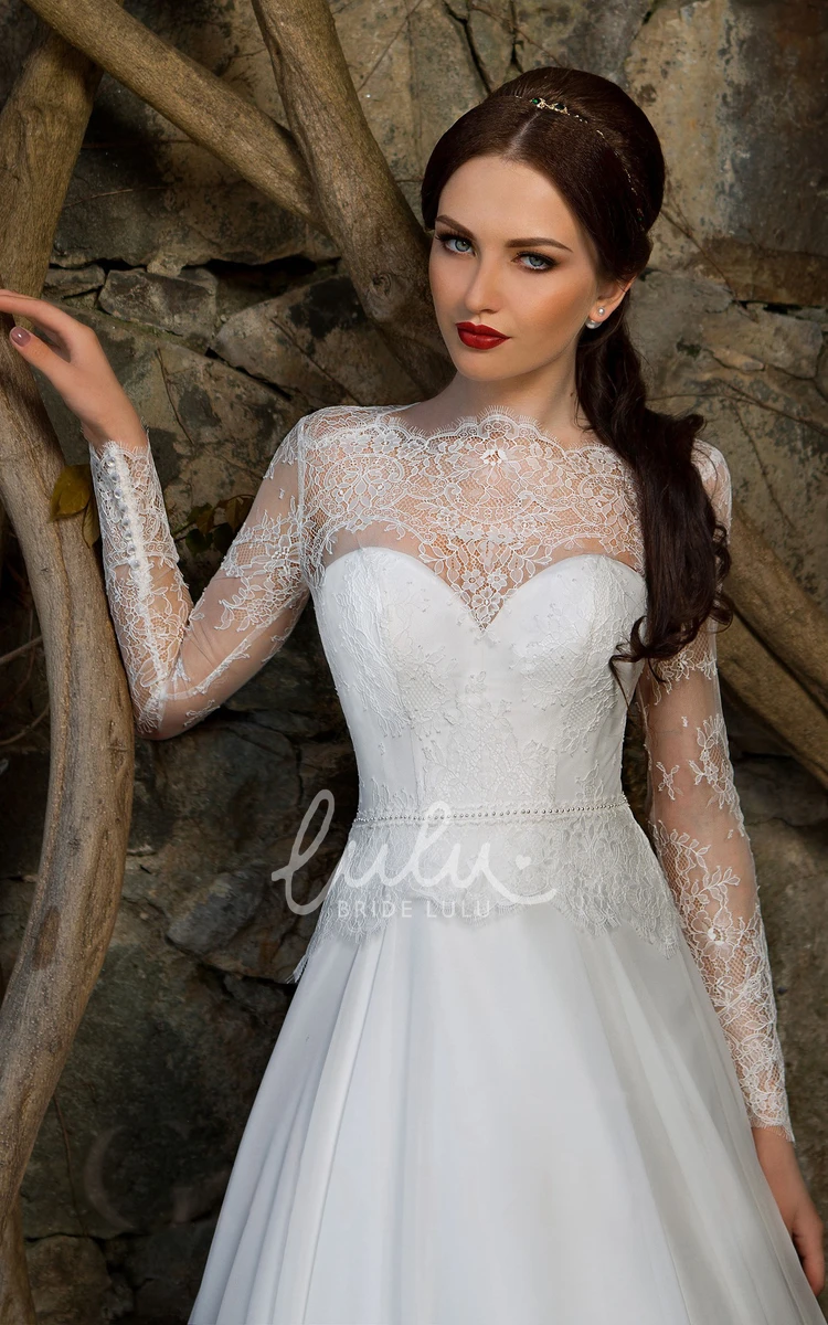 High-Neck Illusion-Sleeve A-Line Dress with Lace Appliques and Pleatings