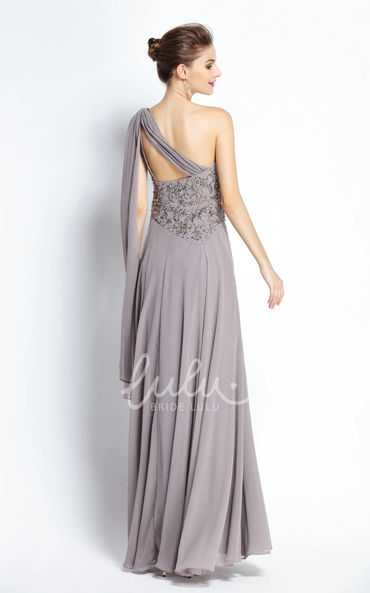 One-shoulder Chiffon Prom Dress with Beading and Draping Floor-length A-Line
