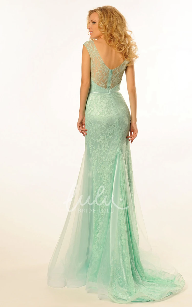 Lace Sleeveless Prom Dress with Brush Train Scoop Neck Ribbon Detail