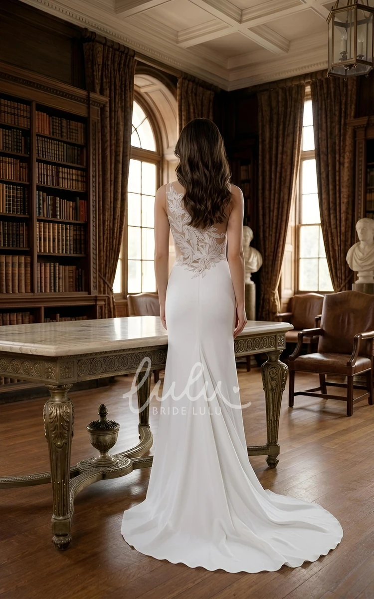 Simple Mermaid Sleeveless Wedding Dress Deep V-Neck Bridal Gown with Lace Illusion Back