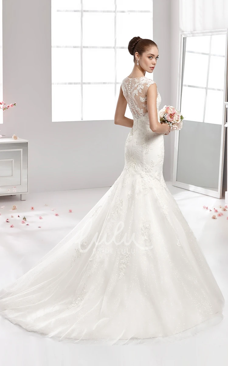 Mermaid Lace-Applique Wedding Dress with Jewel-Neck and Pleated Train