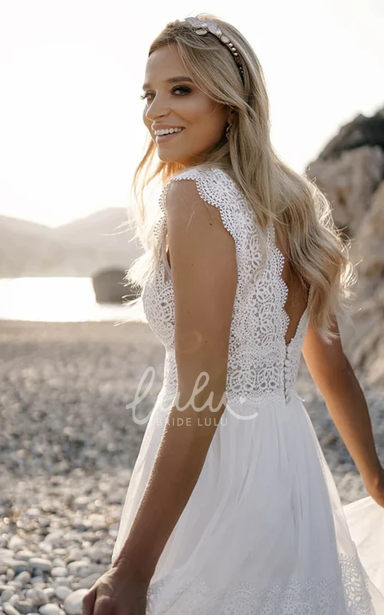 Modest A-Line Straps V-neck Tulle Beach Wedding Dress with Deep-V Back And Split Front