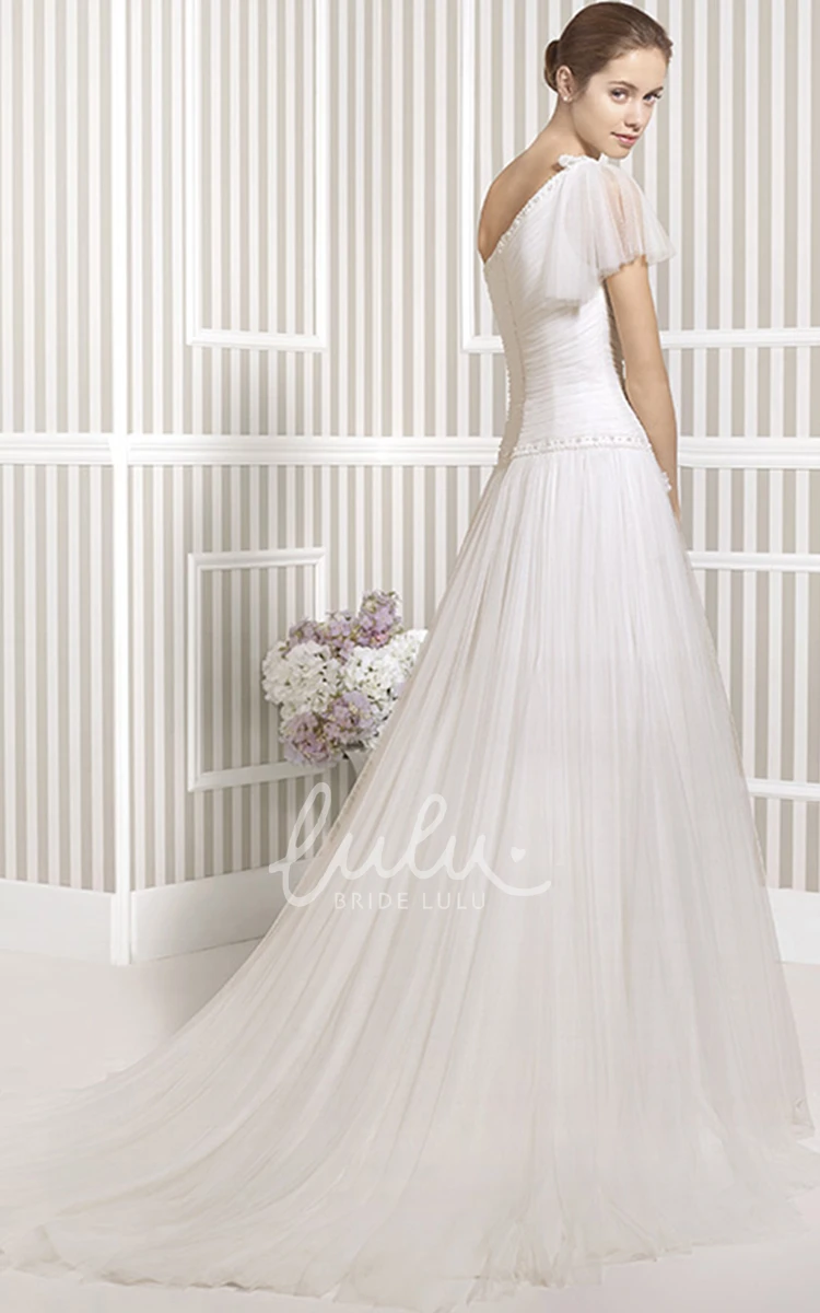 Poet-Sleeve One-Shoulder Tulle Wedding Dress with Court Train