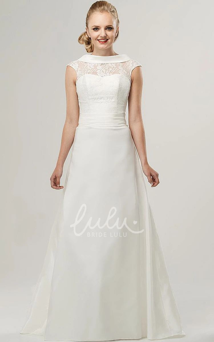 Cap-Sleeve Satin and Lace A-Line Wedding Dress with High Neck and Appliques