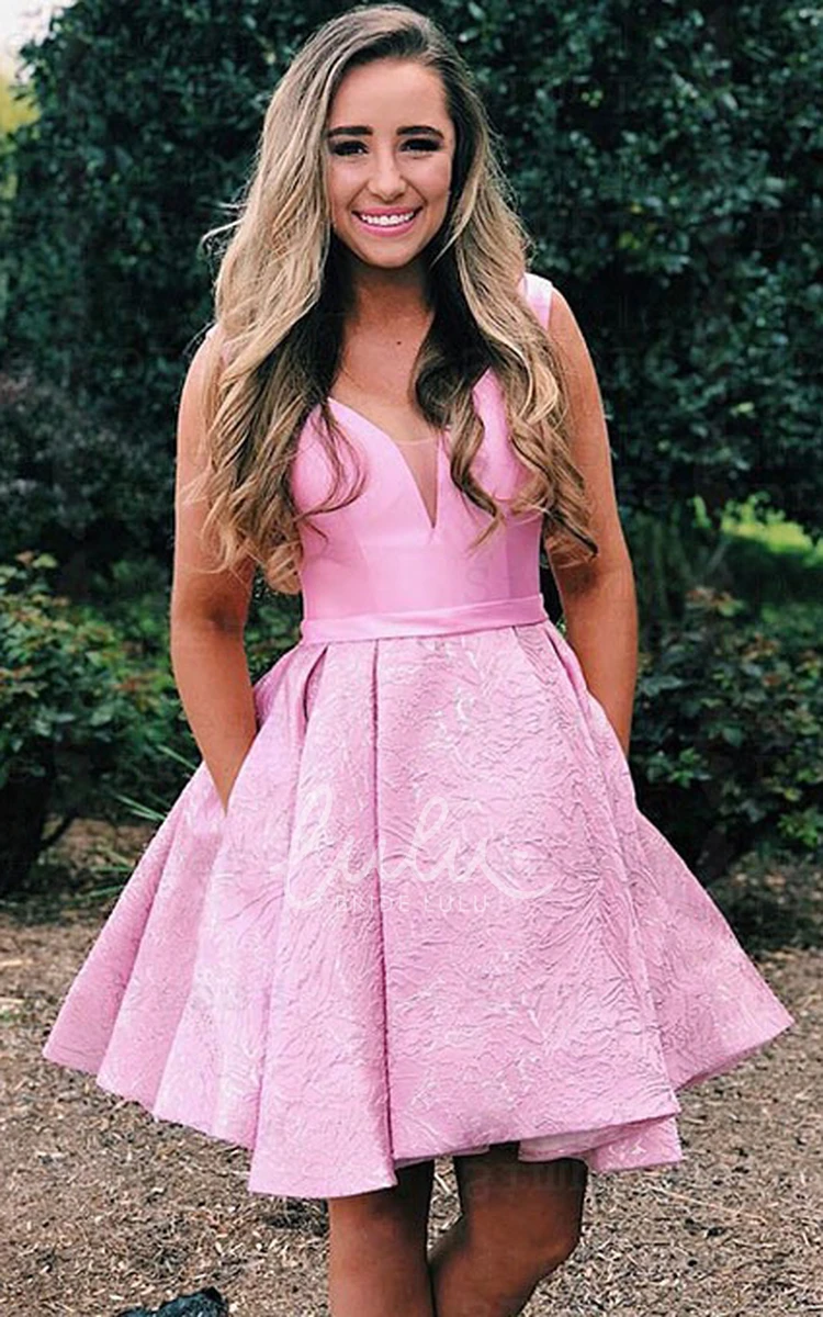 Pink Short A-Line Boho Lace Homecoming Dress Cute Modest Satin Straps V-Neck Sleeveless A-Line Prom Party Dress with Embroidery