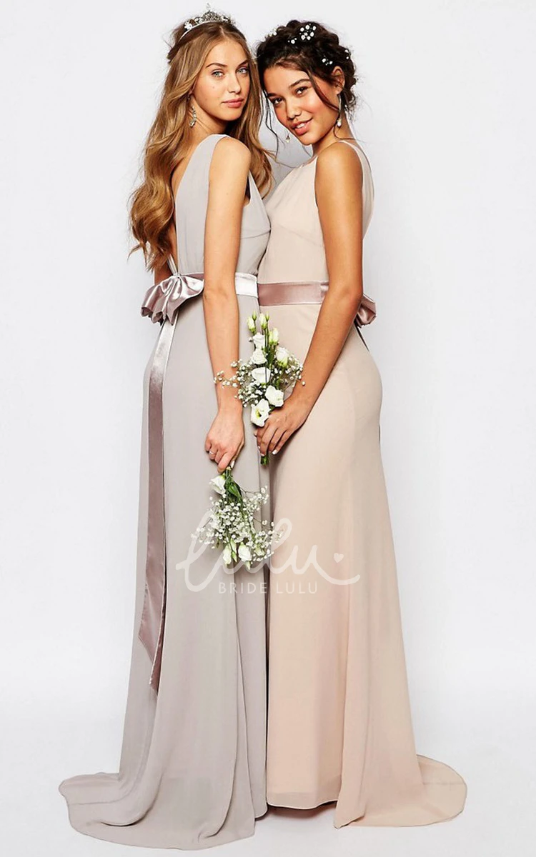 Sleeveless Chiffon Bridesmaid Dress with Ribboned Bateau Neck and Brush Train