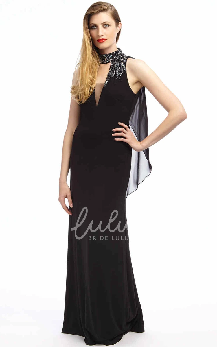 High-Neck Beaded Prom Dress Sheath Floor-Length Chiffon with Draping