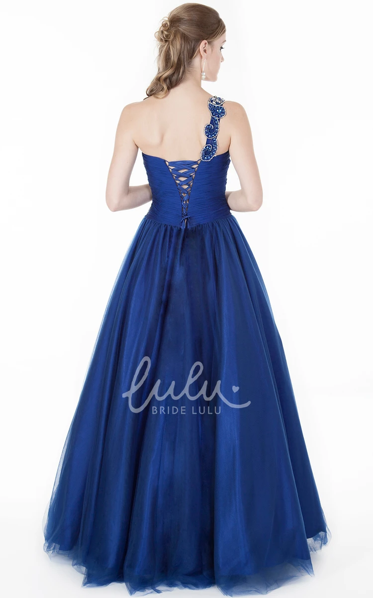 One-Shoulder Beaded A-Line Tulle Prom Dress with Pleats Long Sleeveless