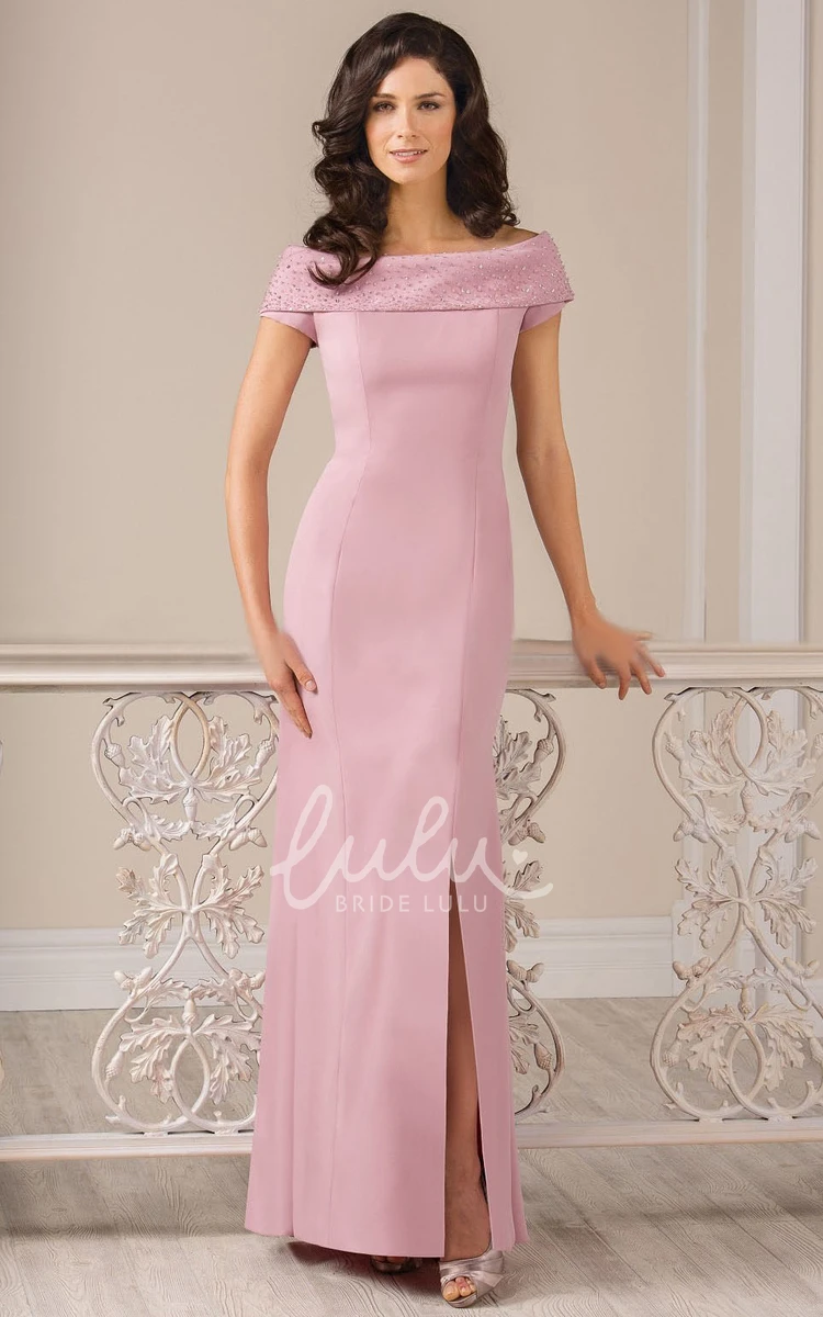 Cap-Sleeved Long Sheath Gown with Front Slit and Beadings Stunning Cap-Sleeved Sheath Gown with Front Slit and Beadings