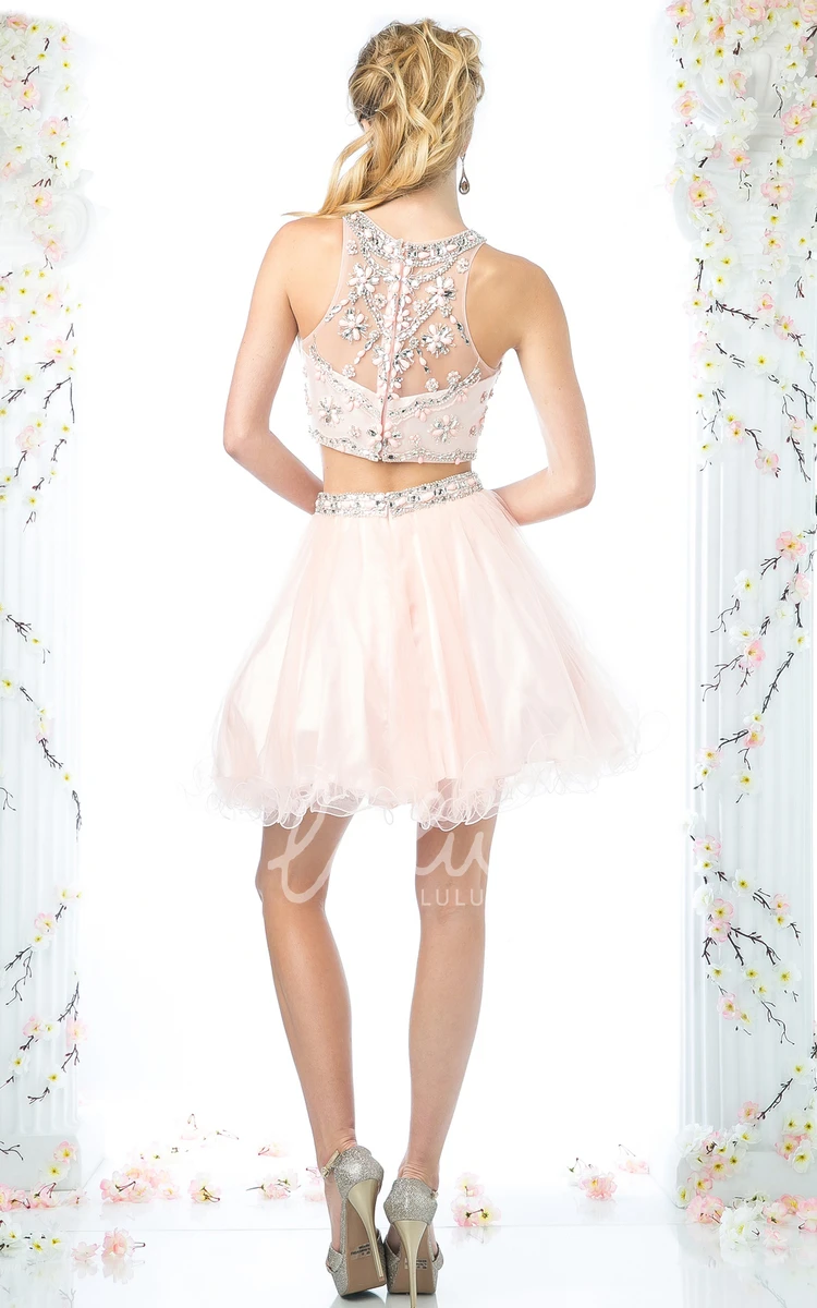 Short Sleeveless Tulle Illusion A-Line Formal Dress with Ruffles and Beading