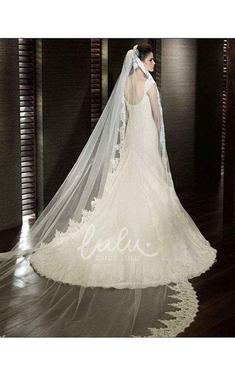 Beautiful Soft Tulle Bridal Veil with Lace Appliques Wedding Dress