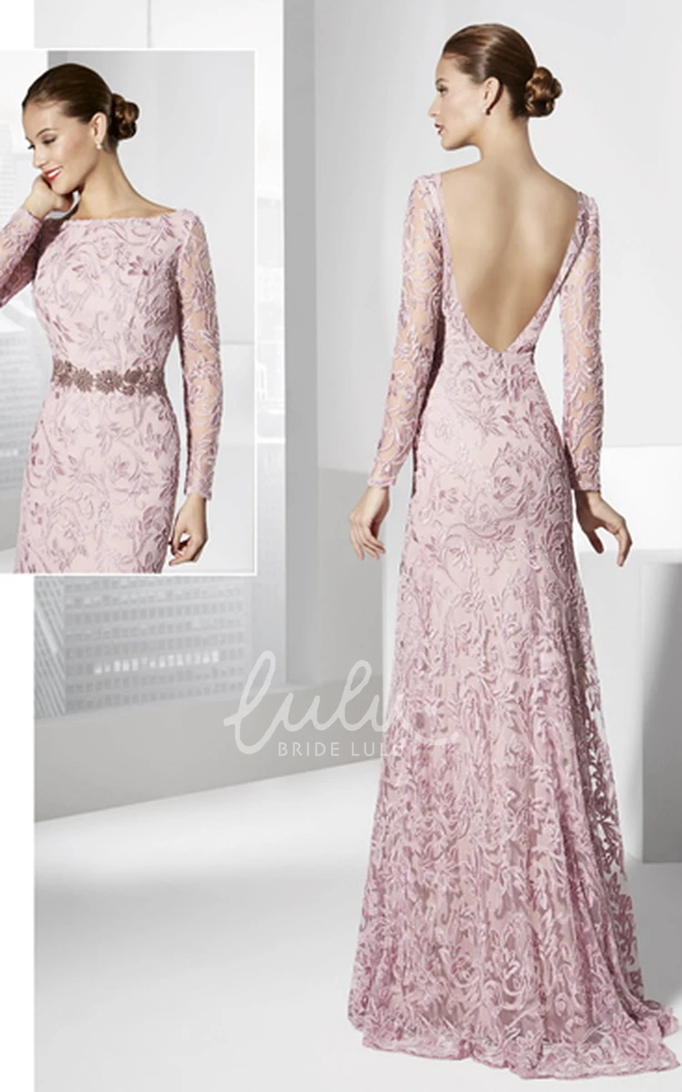 Embroidered Sheath Long-Sleeve Prom Dress with Jewel-Neck