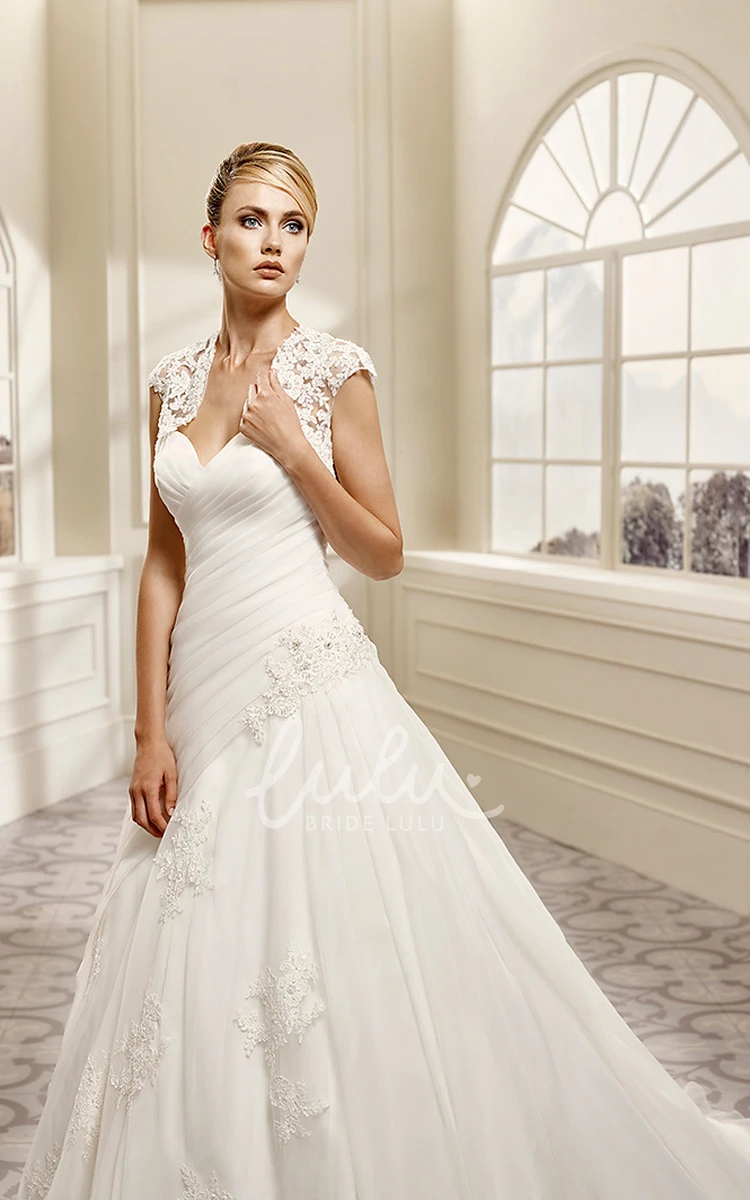 Criss-Cross Cap-Sleeve Appliqued A-Line Wedding Dress