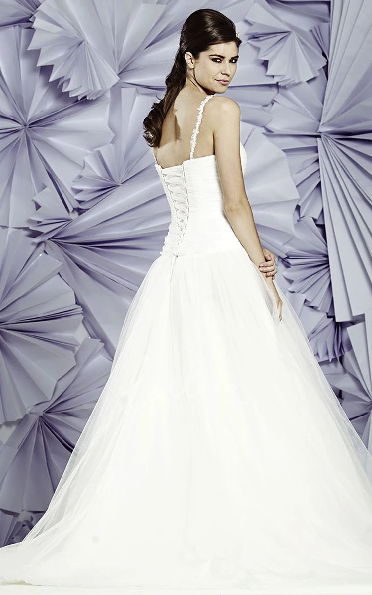 Spaghetti Strap Ball Gown Tulle Wedding Dress with Ruched Bodice and Appliques Modern Wedding Dress