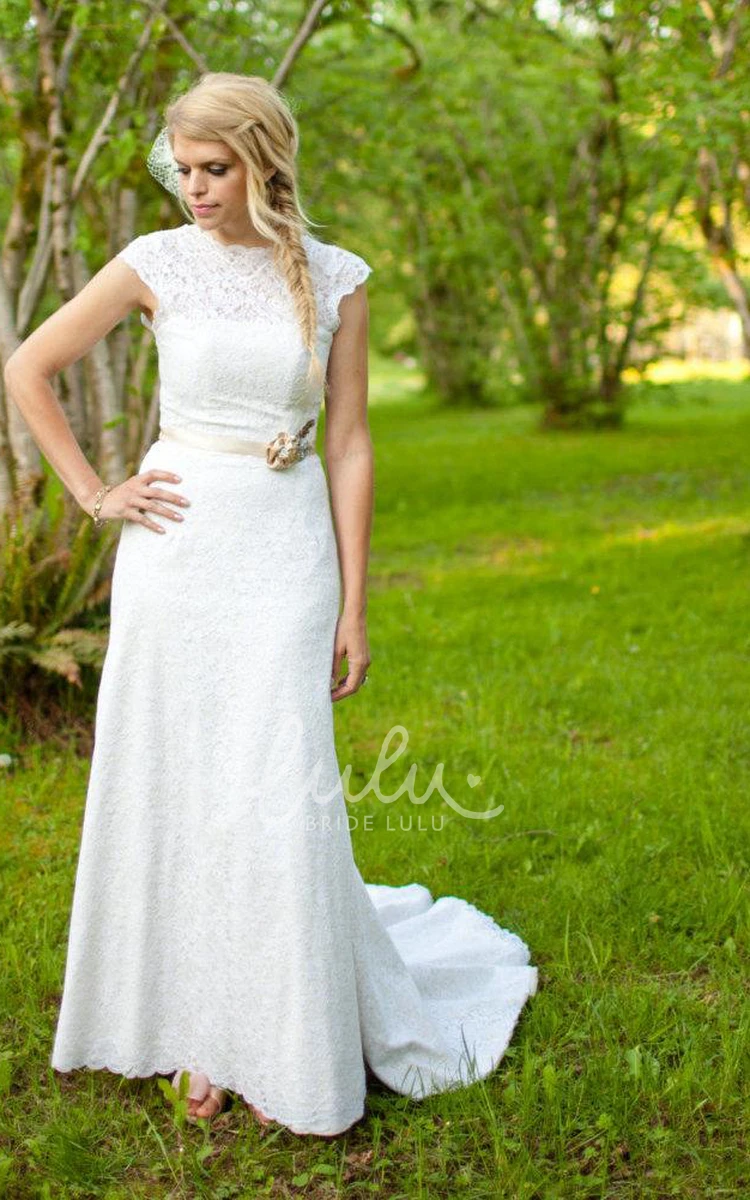 Lace Wedding Gown with Beaded Waist and Illusion Neckline in Long Length