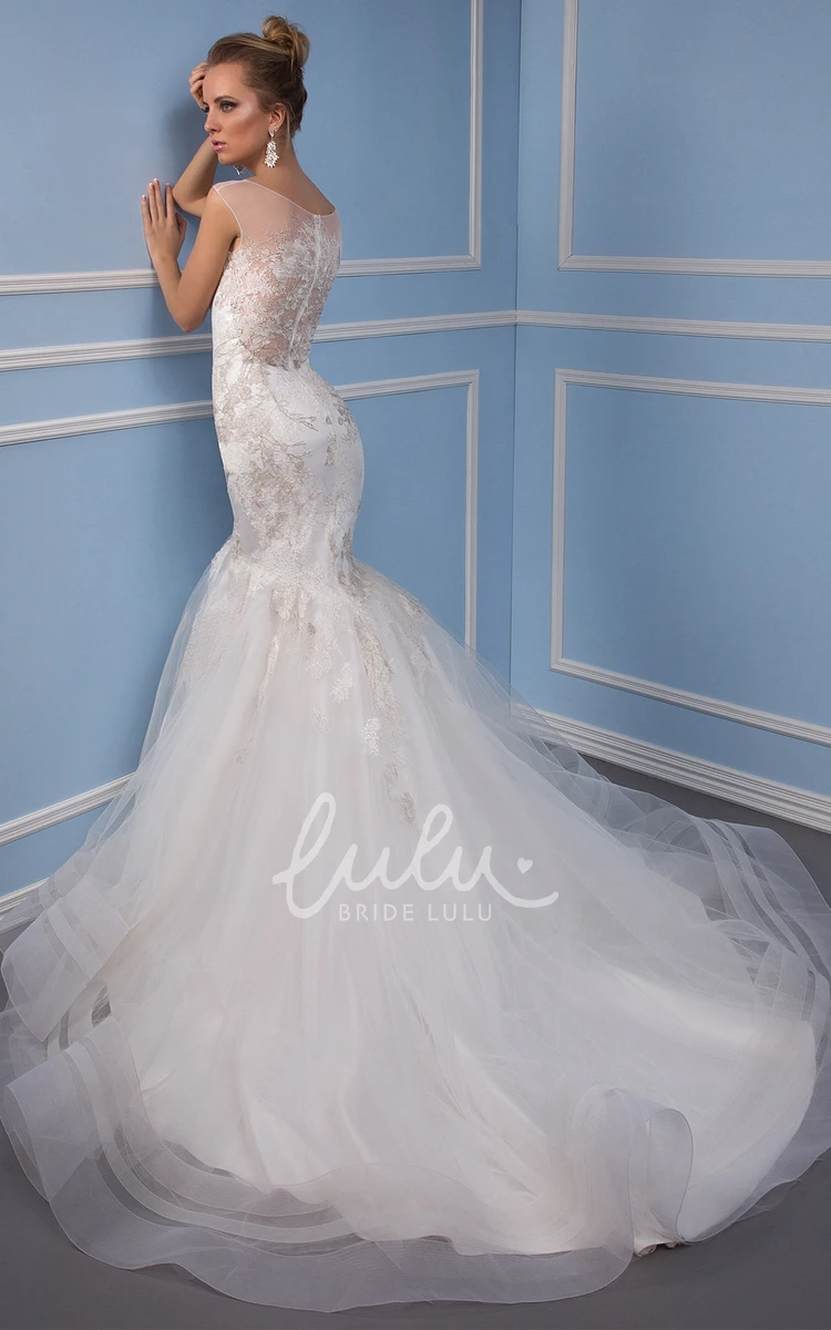 Sleeveless Trumpet Tulle Wedding Dress with Illusion Back and Ruffles Bateau Neckline Bridal Gown