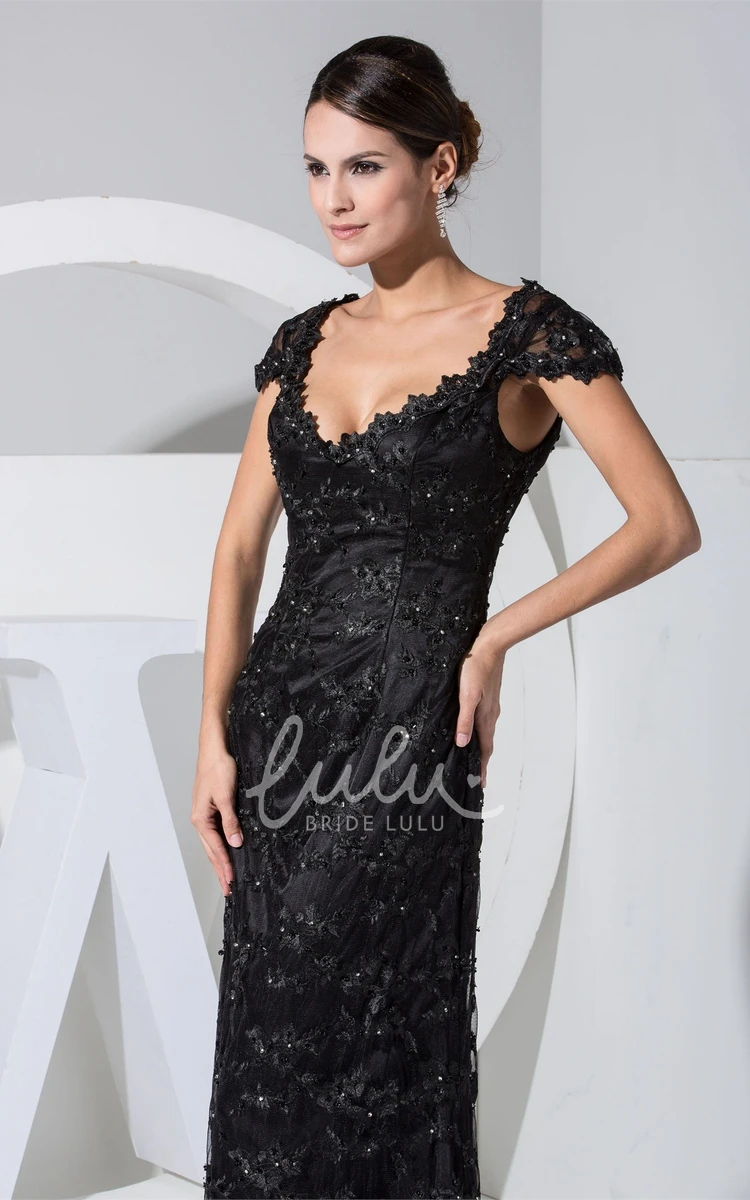 Appliqued and Beaded Queen-Anne Evening Dress with Plunging Neckline Elegant Formal Dress