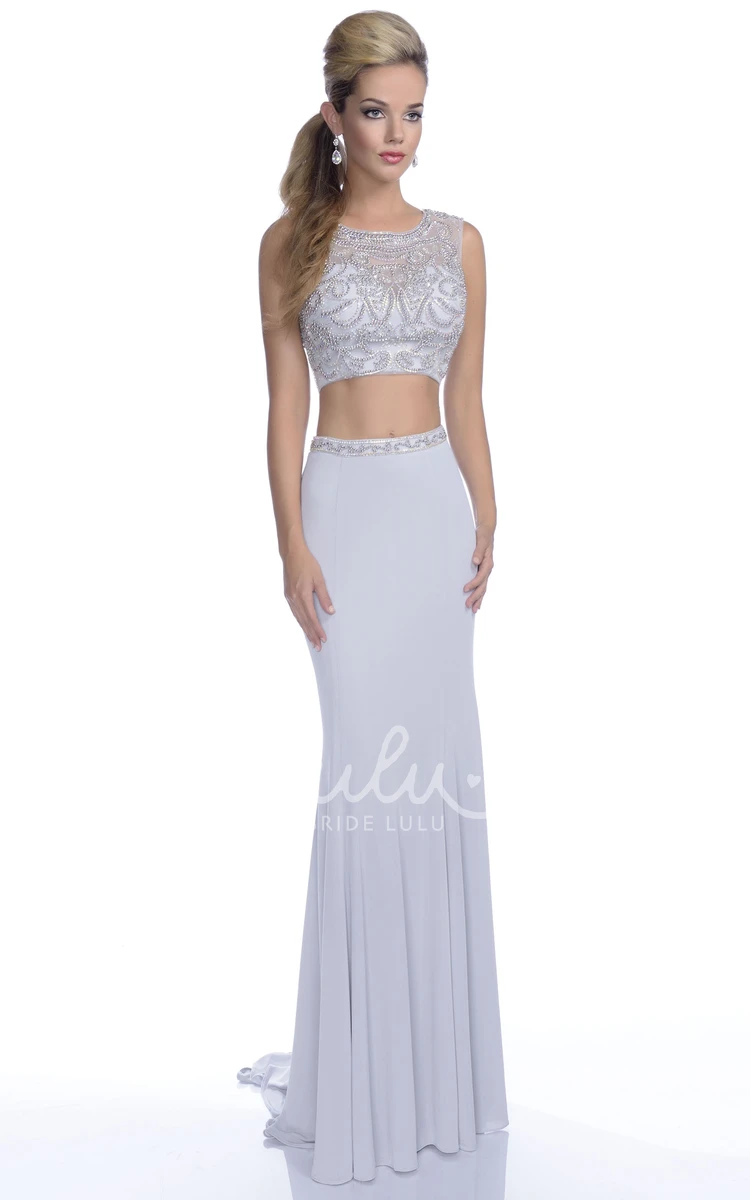 Jeweled Bodice Crop Top Jersey Prom Dress in Form-Fitted Style