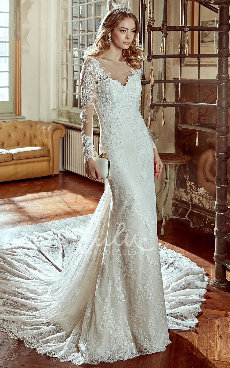Long-Sleeve Sheath V-Neck Wedding Dress with Illusion and Open Back Simple Bridal Gown