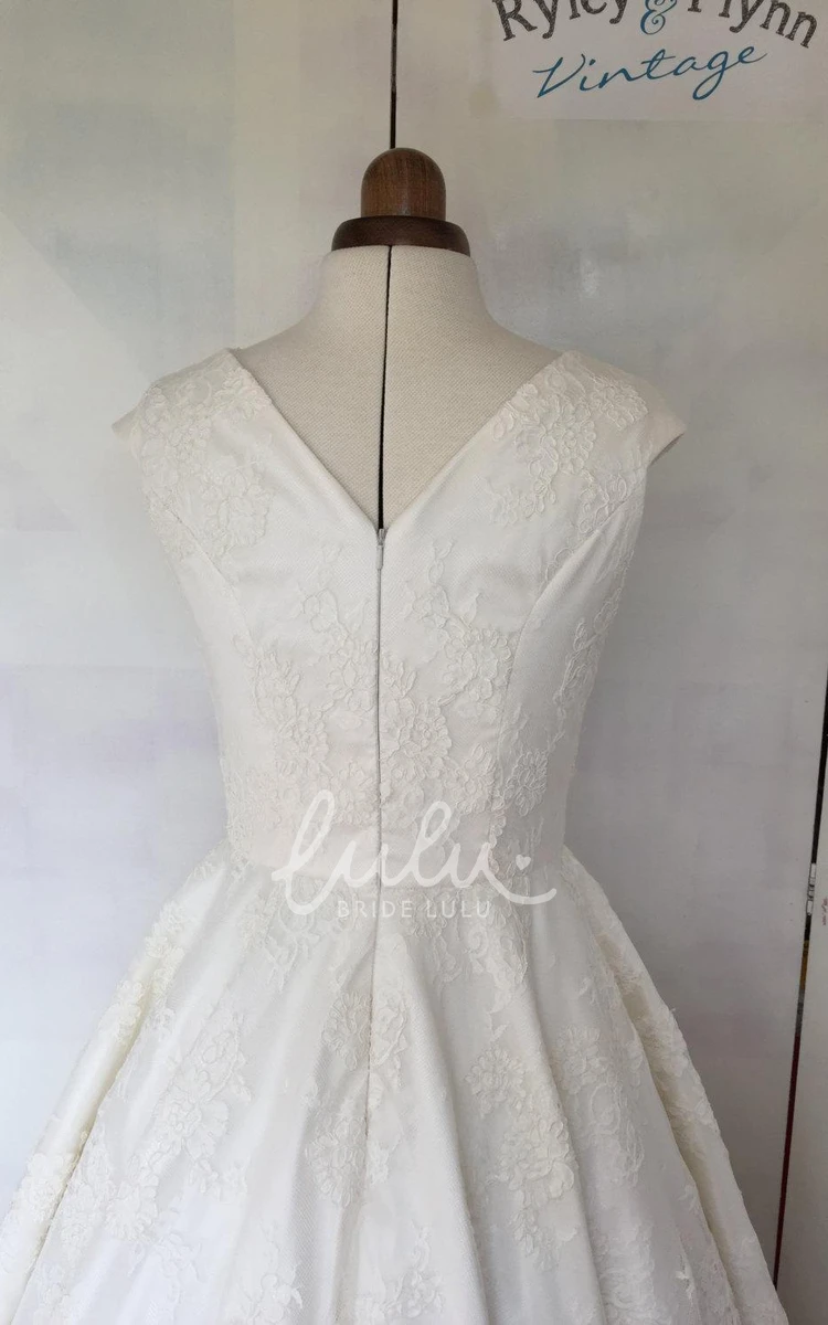 Rose Lace A-Line Tea-Length Wedding Dress with Jewel Neck and Cap Sleeves