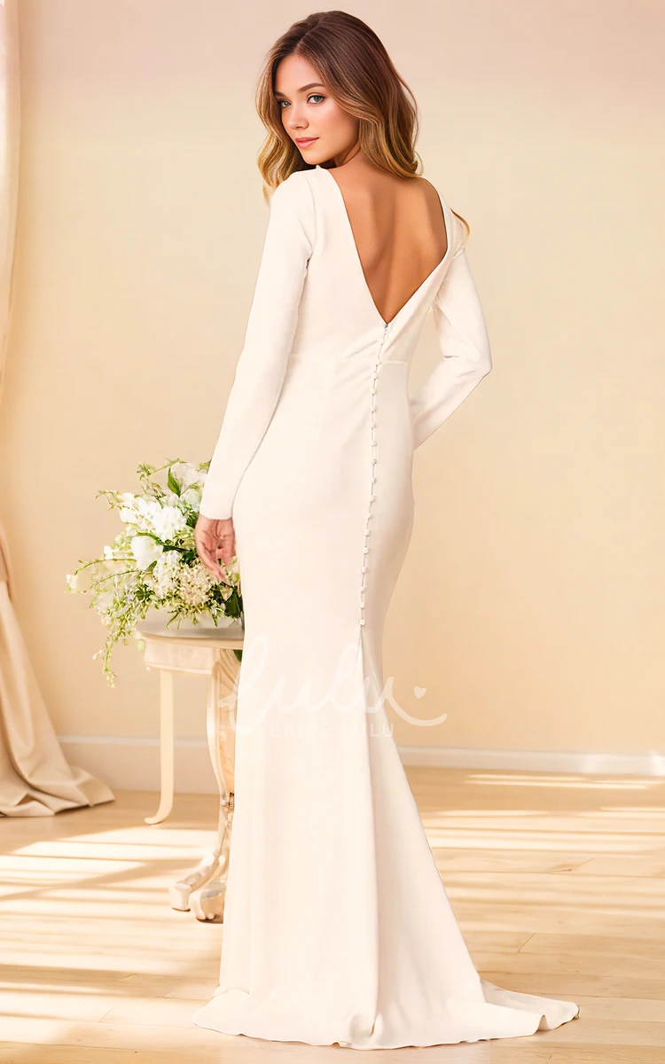 Modest Long Sleeve Simple Trumpet V-neck Solid Wedding Dress with Brush Train