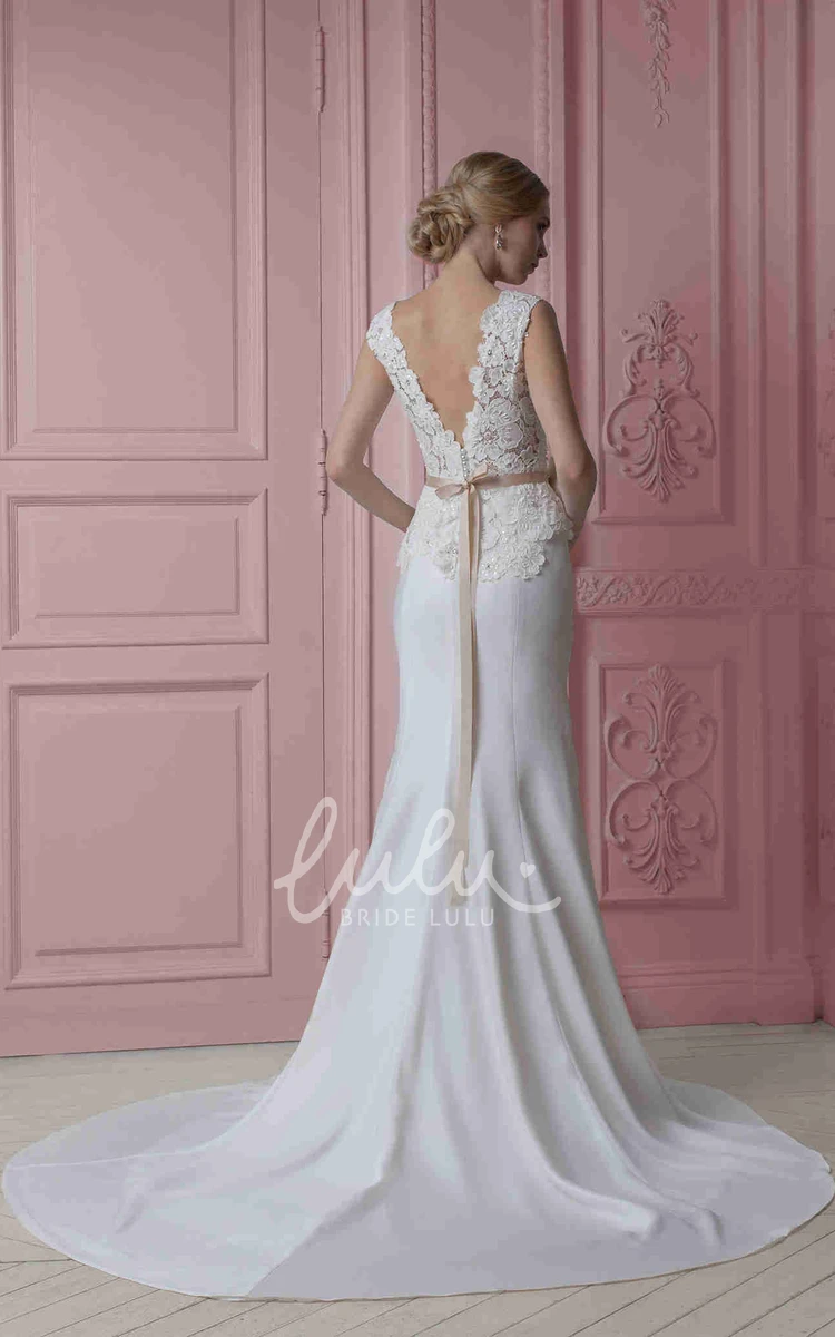 Appliqued Sleeveless Sheath V-Neck Wedding Dress Stretched Satin Bridal Gown