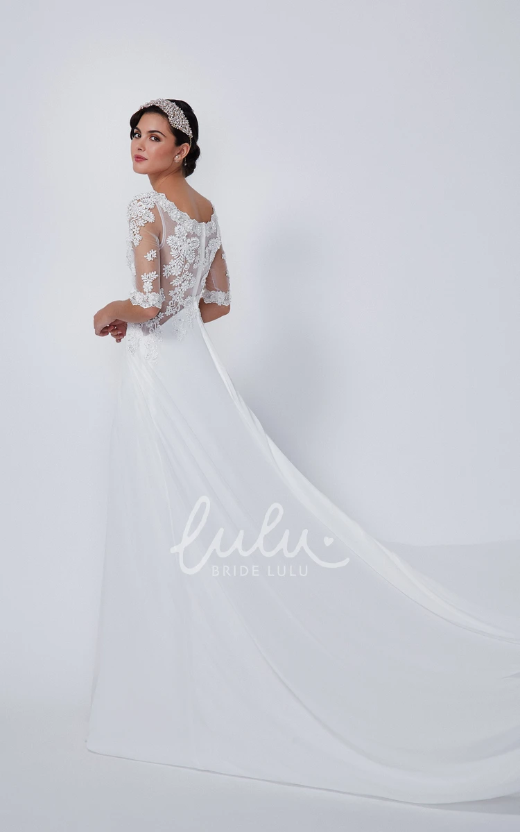 Appliqued A-Line Lace&Chiffon Bridesmaid Dress Half-Sleeve Floor-Length