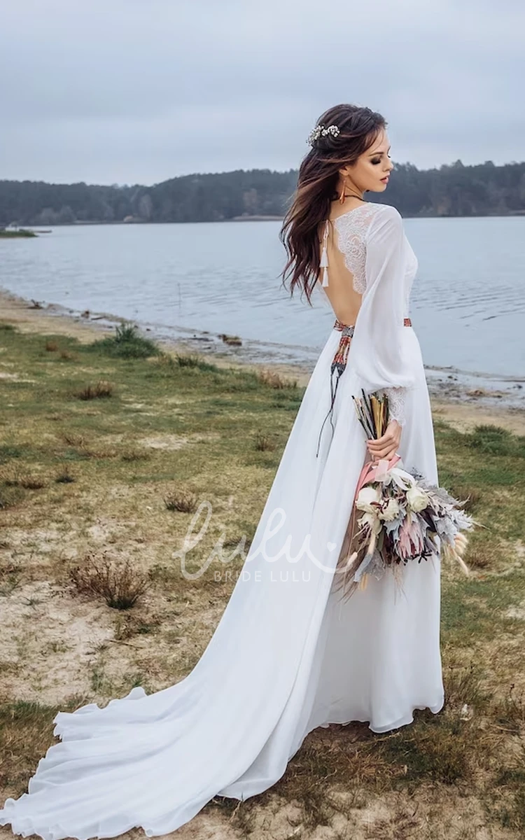 A-Line Chiffon Wedding Dress with Poet Sleeves and Keyhole Back for Country Garden Wedding Simple Unique